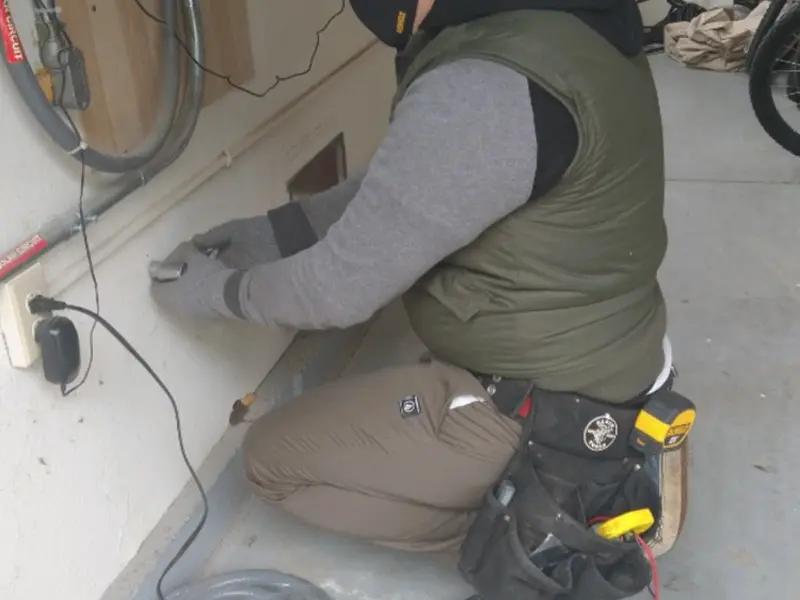 Electrician performing outlet wiring in a Crestwood garage